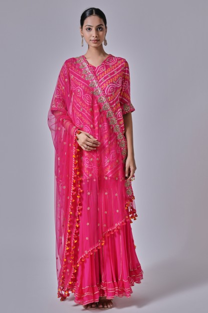 Georgette Rani Pink Bandhani Printed Sharara Suit